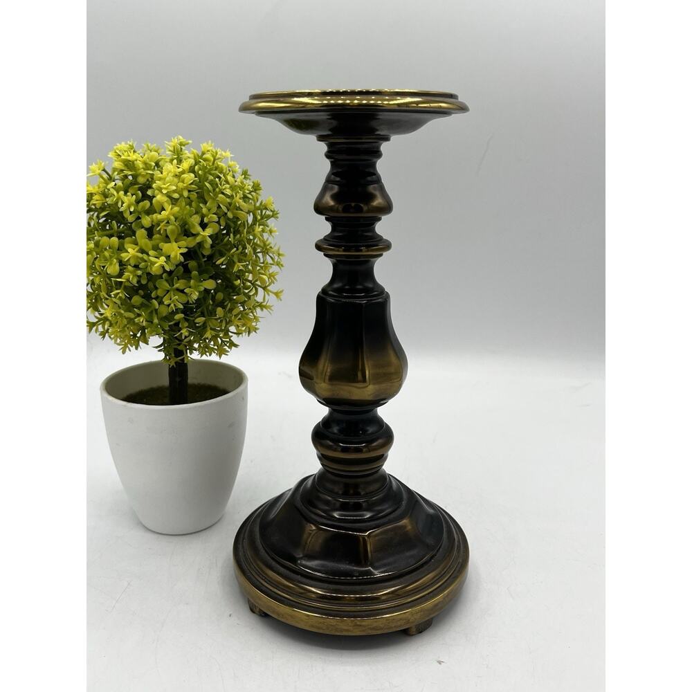 Vintage Brass Candlestick Holder Dark Bronze Gold Accent Baluster Form 9 Inches